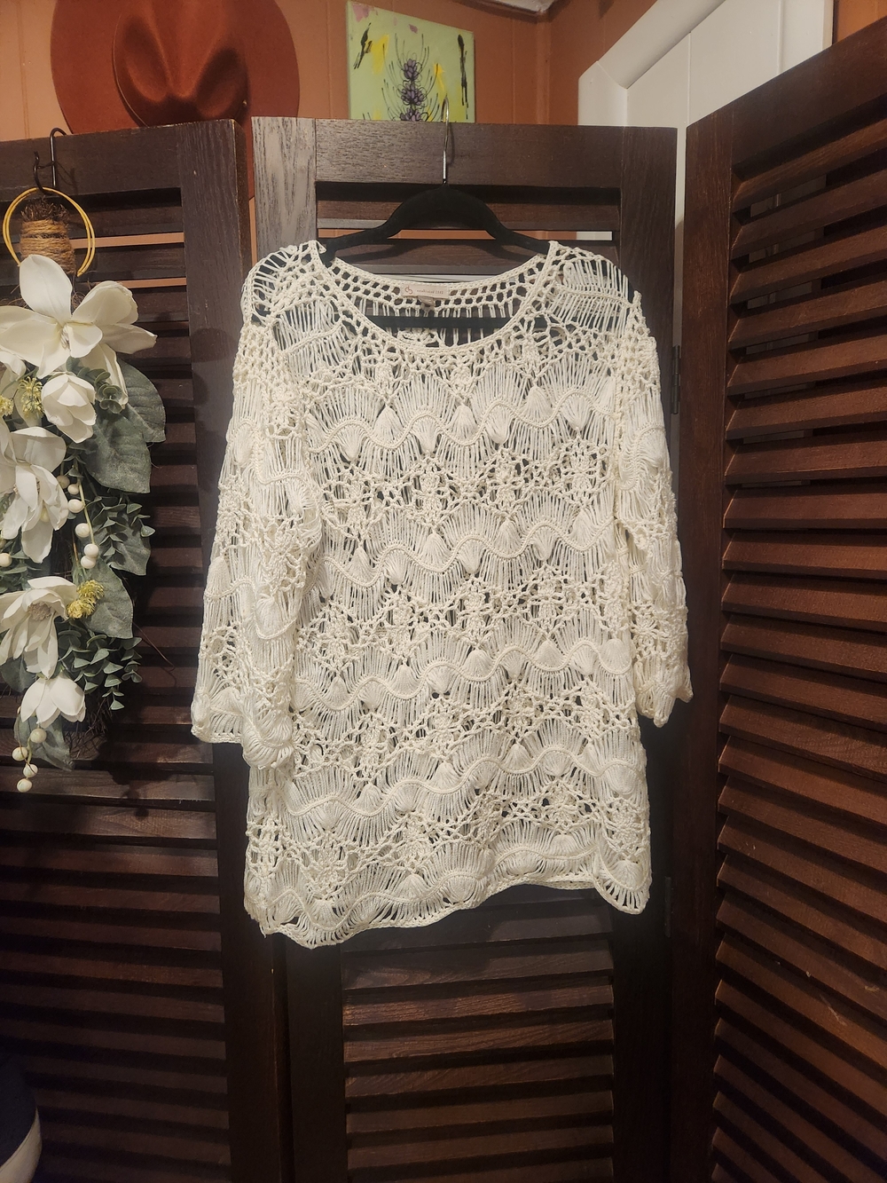 Boho Open-Knit Tunic Sweater - Cream
